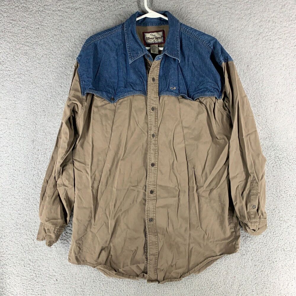 Silver Spur‎ Shirt Mens XL Beige Denim Yoke Western Relaxed Fit Vintage